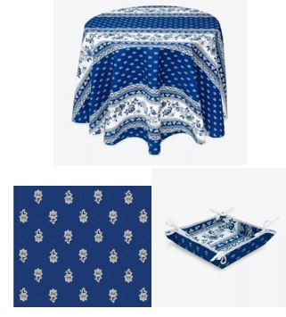 60" Rd MARAT Avignon Blue Filigree Banner on White Stain-Proof Tablecloth 4-Place 6-Pcs Ensemble Set of 1 Tablecloth, 4 Napkins, I Tidy Bread Basket
