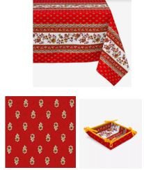 60" Square MARAT Avignon Red Yellow White Filigree Banner on Red Stain-Proof Tablecloth 4-Place 6-Pcs Ensemble Set of 1 Tablecloth, 4 Napkins, I Tidy Bread Basket