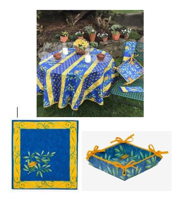 60" Rd Cigales Coated-Cotton Blue Tablecloth 4-Place 6-Pcs Ensemble Set of 1 Tablecloth, 4 Napkins, I Tidy Bread Basket 