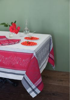 64" Square Tissus Toselli Jacquard Woven Olivia Gray & Red Bordered Tablecloth in Stain-Proof Cotton 