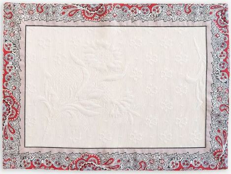 MARAT Bastide 19" x 14" Grey & Red Filigree Border with White Delft Center Cotton Placemats – Order Matching $6 Napkins & $15 Tidy Bread Basket! 