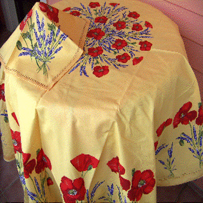 70" Round Tissus-Toselli Red Poppies & Lavender on Yellow Plain Cotton Tablecloth For Seating 2-6 People...Order More Matching $6 Napkins & $15 Tidy Bread Basket on this Tablecloth Page! 