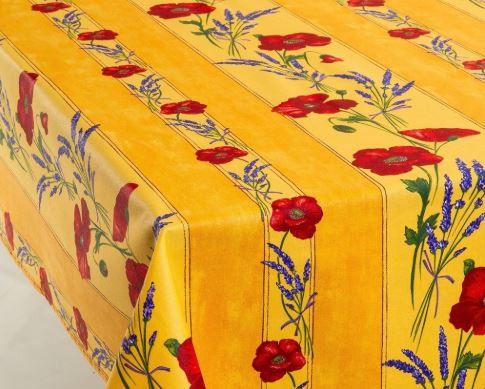 60" Square Tissus Toselli Red Poppies & Lavender on Yellow Stain-Proof Cotton Tablecloth – For Seating 2-4 persons...Includes 2 Free Napkins...Order More Matching $6 Napkins & $15 Tidy Bread Basket on this Tablecloth Page!