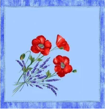 Tissus Toselli Red Poppies and Lavender on Light Blue Design 18" x 18" Napkins in Plain Cotton
