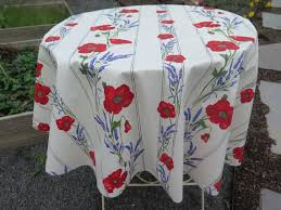 60" Round Toselli Red Poppies & Lavender on White Banner Pattern Tablecloth in Stain-Proof Cotton 