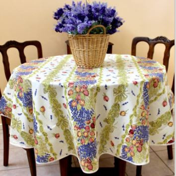60" Round Tissus Toselli Roses & Lavender on White Stain-Proof Cotton Tablecloth – For 2-4 Person Seating...Order Matching $6 Napkins & $15 Tidy Bread Basket Displayed on this Tablecloth Page!