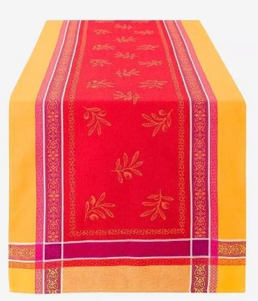 Tissus Toselli French Country Farmhouse 64" x 20" Jacquard-Woven Table Runner of Olive Sprigs on Yellow Center & Grey Filigree Border in Stain-Proof Cotton 