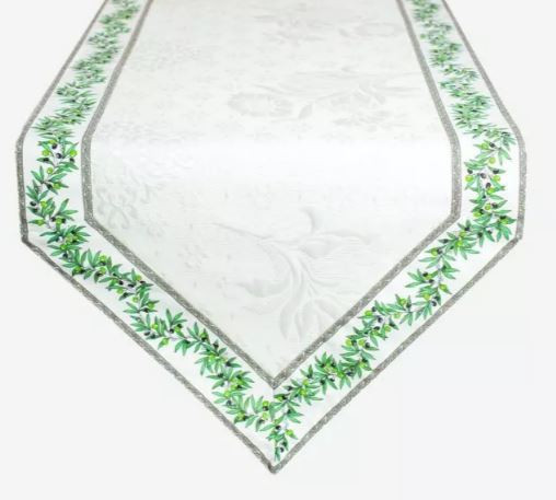 56" x 17" Tissus-Toselli Green Olives Filigree Cadre-Bordered Table Runner with White Delft Center Panel 