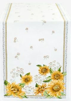 Tissus Toselli 68" x 20" Jacquard-Woven Sunflowers Floral Table Runner Yellow & Green with Green/Yellow Filigree Border on White – Display a Vibrant Sunflowers Field Dining Theme! 