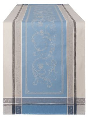 Tissus Toselli 64" x 20" Jacquard-Woven Versailles Stain-Proof Cotton Table Runner Blue on Light Grey Filigree Border 