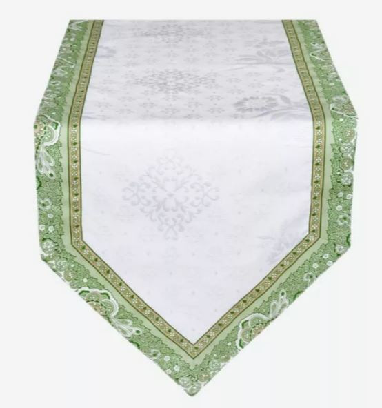 Bastide 60" x 20" Table Runner Green & White Cadre Border with White Delft Jacquard Center Panel