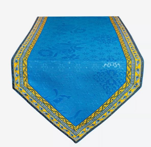 Marat Avignon 56" x 17" Table Runner Jacquard Blue Delt Center with Yellow & Blue Filigree Cadre Border– Enjoy a Yellow Sun & Blue Sea Dining Accent"