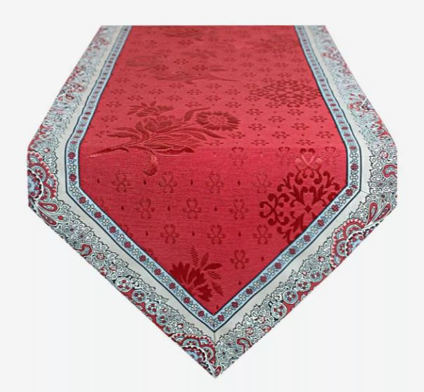MARAT Bastide 56" x 17" Table Runner with Red & Grey Cadre Border and V-End with Delft Jacquard Red Center Panel – Order Matching $6 Napkins & $15 Tidy Bread Basket! 