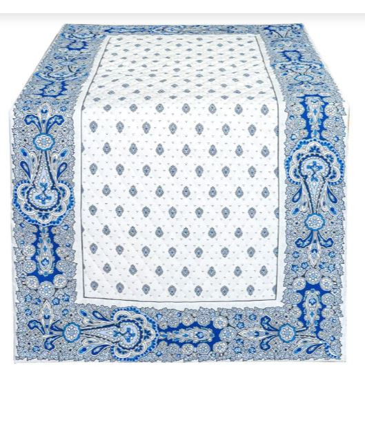MARAT Bastide 62" x 20" Blue Table Runner Blue Cadre Border with Allover Blue Calissons on White Center Panel –Order Matching $6 Napkins & $15 Tidy Bread Basket on this Product Page!