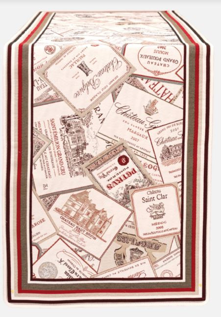 Tissus-Toselli 68" x 20" Wines Table Runner Jacquard Woven Burgundy Red & Grey Cadre Border with Bordeaux Wine Labels – Order Matching $6 Napkins & $15 Tidy Bread Basket! 