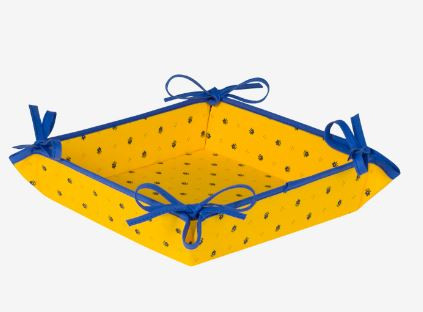 Tissus Toselli Allover Blue Calissons on Yellow 8" x 8" TIDY 4-Corner Tie-Up Stain-Proof Cotton Bread Basket