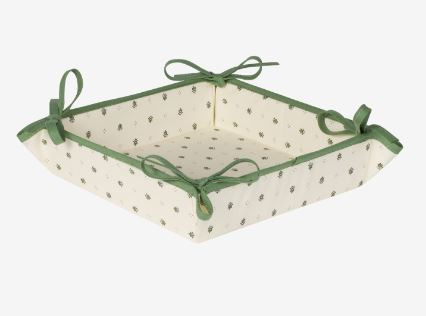 Tissus Toselli 8" x 8" Green Calissons Buds on White TIDY Fabric Bread Basket in Coated Cotton
