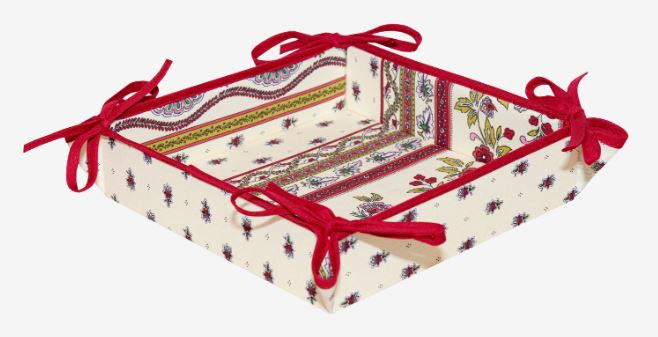 Marat Avignon Pink Red & White 9" x 9" Square TIDY Fabric Bread Basket in Coated Cotton with Corner Tie-Laces