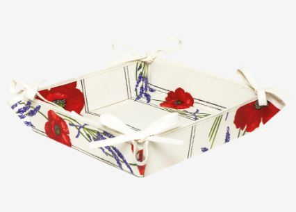 Tissus Toselli Red Poppies & Lavender on White 8" x 8" TIDY 4-Corner Tie-Up Stain-Proof Coated Cotton Bread Basket 