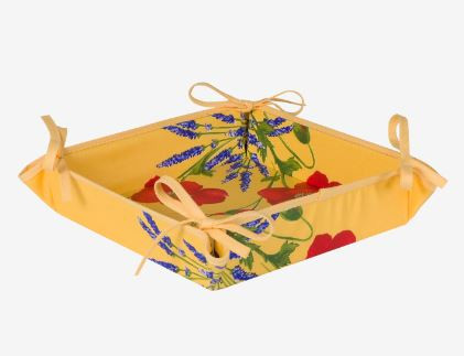 Tissus Toselli Red Poppies & Lavender on Yellow 8" x 8" TIDY 4-Corner Tie-Up Stain-Proof Coated Cotton Bread Basket