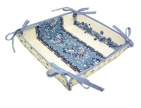 Marat Tradition Blue & White 8" x 8" Square TIDY Fabric Bread Basket in Coated Cotton with Corner Tie-Laces