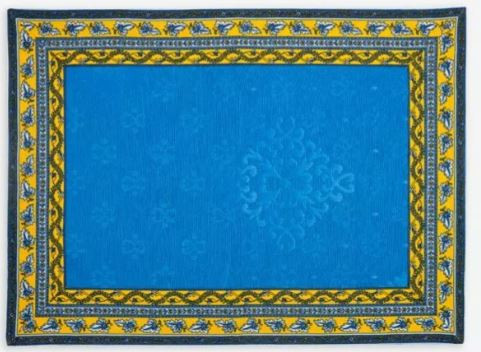 MARAT Avignon 19" x 14" Blue Cadre-Bordered Placemat – Blue Delft Center with Provençal Blue & Yellow Border in Quilted Cotton - Order Matching $6 Napkins & $15 Tidy Bread Basket!