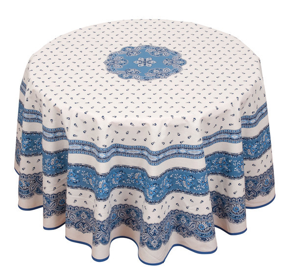 70" Round MARAT Tradition Filigree Design Blue on White Tablecloth in Plain Cotton