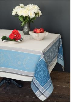 64" Square Tissus Toselli Jacquard Woven Versailles Blue & Gray on White Bordered Tablecloth in Stain-Proof Cotton