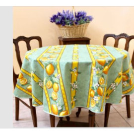 $79 60" Rd Lemons on Greeb 2-4 Place 6-Pcs Ensemble Set of 1-Lemons on Green Plain Cotton Tablecloth +4 Matching Napkins +1 Tidy Fabric Bread Basket -  – Display a Lemons Branch Blue Sky Tabletop!