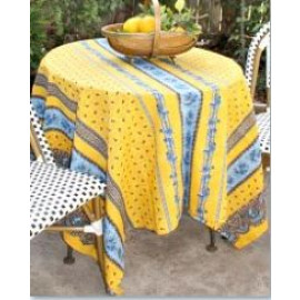 $89 60" Rd 2-4 Plc 6-Pcs Blue Floral on Yellow  Ensemble Set of 1-Yellow Blue Coated Stain-Proof Cotton Tablecloth +4 Matching Napkins +1 Tidy Bread Basket - Embrace & Enjoy French Bistro Dining!