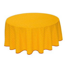 $99-70" Rd 2-6 Place 8-Pcs Ensemble Set Includes 1-Red Allover Calissons Floral Buds on Yellow Plain Cotton Tablecloth +6 Matching Napkins +1 Tidy Fabric Bread Basket - A Red Floral Sunny Day Table Topper!