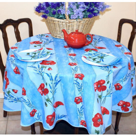 $79 60" Rd 6-Pcs 2-4 Place Red Poppies on Blue Ensemble Set of 1-Red Poppies on Light Blue Plain Cotton Tablecloth +4 Matching Napkins +1 Tidy Fabric Bread Basket – Display a Red Poppies Blue Sky Look Tabletop!