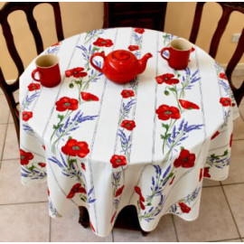 $89 60" Rd 6-Pcs 2-4 Plc Red Poppies on White Ensemble Seats 2-4 | Set  of 1 Tablecloth, 4 Napkins, 1 Tidy Basket  – Enjoy Red Poppies on White Tabletop!