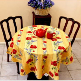 $69 60" Rd  6-Pcs 2-4 Place Red Poppies on Yellow Ensemble Set of 1-Red Poppies on Yellow Plain Cotton  Tablecloth +4 Matching Napkins +1 Tidy Fabric Bread Basket - Display a Red Poppies on Yellow Bistro Tabletop!