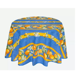 $69 60" Rd Lemons on Blue 2-4 Place 6-Pcs Ensemble Set of 1-Lemons on Blue Plain Cotton Tablecloth +4 Matching Napkins +1 Tidy Fabric Bread Basket -  – Display a Lemons Branch Blue Sky Tabletop!