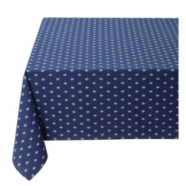 $99 60" Sq 2-4 Place 6-Pcs Ensemble Set of 1-Avignon Blue with White Calissons Buds Stain-Proof Coated Cotton Tablecloth +4 Matching Napkins +1 Tidy Fabric Bread Basket -  Dine in French Provence Royal Blue Style!