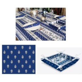$99 60" Sq 2-4 Place 6-Pcs Ensemble Set of 1-Avignon Blue on White Stain-Proof Coated Cotton Tablecloth +4 Matching Napkins +1 Tidy Fabric Bread Basket - – Enjoy Royal Blue Cafe Dining Tabletop!