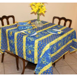 $85 60" Sq 2-4 Place 6-Pcs Ensemble Set of 1-Cigale Locusts on Blue Plain Cotton Tablecloth +4 Matching Napkins +1 Tidy Fabric Bread Basket | This Design Features Provence Singing Locusts Ambiance for Night Time Dining!