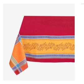 $125 64" Sq 2-4 Place 6-Pcs Ensemble Set of 1-Jacquard Olivia Red & Yellow Bordered Stain-Proof Tablecloth +4 Matching Napkins +1 Tidy Fabric Bread Basket – Brighten Your Table with a Mediterranean Olives Theme!