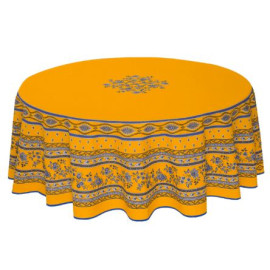 $129 70" Rd 2-6 Place 8-Pcs Ensemble Set Includes 1-Avignon Blue Floral Filigree on Yellow Plain Cotton Tablecloth +6 Matching Napkins +1 Tidy Fabric Bread Basket -  Present an Avignon Yellow Dining Tabletop!
