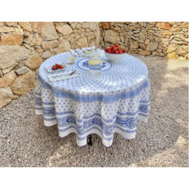 $139 70" Rd 2-6 Place 8-Pcs Ensemble Set Includes 1-Blue on White Wipeable Coated Cotton Tablecloth +6 Matching Napkins +1 Tidy Fabric Bread Basket - A Stunning Design for Blue Sky Dining Tabletop!