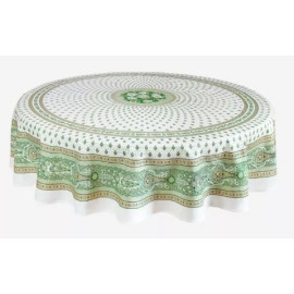 $139 70" Rd 2-6 Place 8-Pcs Ensemble Set Includes 1-Bastide Green Filgree on White Wipeable Coated Cotton Tablecloth +6 Matching Napkins +1 Tidy Fabric Bread Basket - Present a Garden Green Dining Theme!