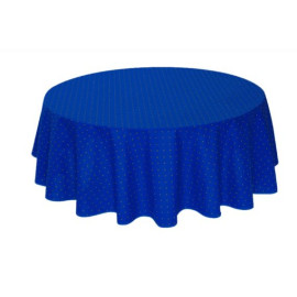 $49 60" Round Tissus-Toselli Yellow Allover Floral Calissons Buds on Blue Plain Cotton Tablecloth For 2-4 Person Seating.