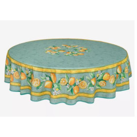 $139 70" Rd 2-6 Place 8-Pcs Ensemble Set Includes 1-Citron Lemons on Green Wipeable Coated Cotton Tablecloth +6 Matching Napkins +1 Tidy Fabric Bread Basket - The Classic Design for Florida Patio Dining Tabletyop!