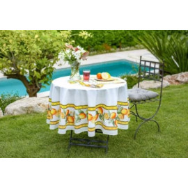 $129 70" Rd 2-6 Place 8-Pcs Ensemble Set Includes 1-Citron Lemons on White Plain Cotton Tablecloth +6 Matching Napkins +1 Tidy Fabric Bread Basket - Display a Bright Outdoor Lemons Tabletop!