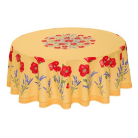 $129 70" Rd 2-6 Place 8-Pcs Ensemble Set Includes 1-Red Poppies & Lavender on Yellow Plain Cotton Tablecloth +6 Matching Napkins +1 Tidy Fabric Bread Basket - A Delightful Floral Sunny Day Table Topper!