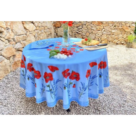 $139 70" Rd 2-6 Place 8-Pcs Ensemble Set Includes 1-Red Poppies on Light Blue Wipeable Coated Cotton Tablecloth +6 Matching Napkins +1 Tidy Fabric Bread Basket - Enjoy the Best in Blue Sky Garden Dining!