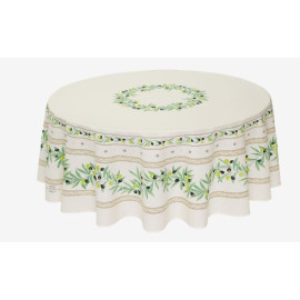 $129 70" Rd 2-6 Place 8-Pcs Ensemble Set Includes 1-Ramatuelle Olives on White Plain Cotton Tablecloth +6 Matching Napkins +1 Tidy Fabric Bread Basket - Imagine This Design and Color under a Garden Tree Dining Terrace!
