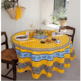 $139 70" Rd 2-6 Place 8-Pcs Ensemble Set Includes 1-Tradition Blue Filigree on Yellow Wipeable Coated Cotton Tablecloth +6 Matching Napkins +1 Tidy Fabric Bread Basket - Most Bought Provence Tablecloth for Any Outdoor Dining Setting!