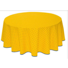 $99-70" Rd 2-6 Place 8-Pcs Ensemble Set Includes 1-Blue Allover Calissons Floral Buds on Yellow Plain Cotton Tablecloth +6 Matching Napkins +1 Tidy Fabric Bread Basket - A Relaxing Floral Sunny Day Table Topper!